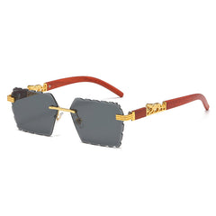(6 PACK) Wholesale Sunglasses New Arrival Cut Edge Rimless Colorful Wood Grain Leopard Head Street Trendy 2024 - BulkSunglassesWholesale.com - Black Black Lens