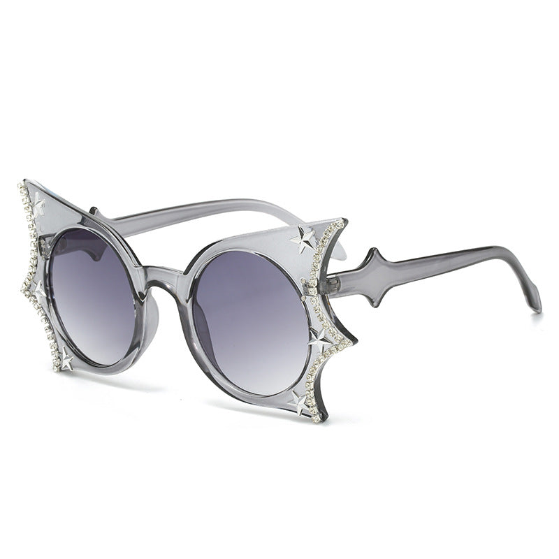 (6 PACK) Wholesale Sunglasses Unique Bat Butterfly New Arrival Rhinestone Fashion Women 2023 - BulkSunglassesWholesale.com - Grey Frame Gradient Black Lens