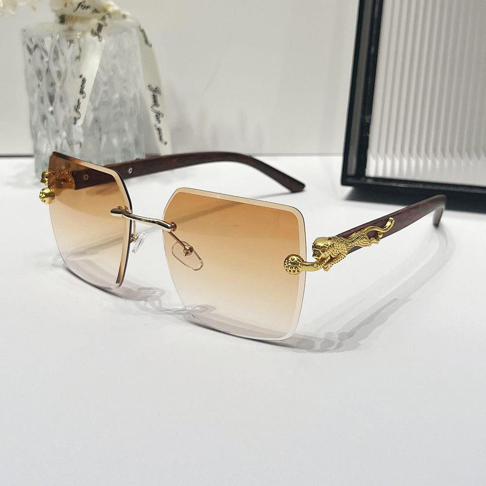 (6 PACK) Wholesale Sunglasses New Arrival Unique Vintage Rimless Wood Grain Square Women Gradient 2024 - BulkSunglassesWholesale.com - Gold Frame Gradient Tea Lens