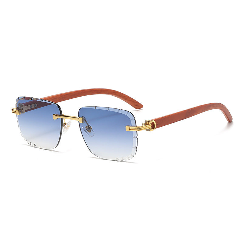 (6 PACK) Wholesale Sunglasses New Arrival Wood Grain Fashion Square Cut Edge Rimless Unique Street 2023 - BulkSunglassesWholesale.com - Blue