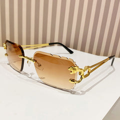 (6 PACK) Wholesale Sunglasses New Arrival Cut Edge Square Rimless Fashion Trendy Women 2024 - BulkSunglassesWholesale.com - Gold Frame Gradient Tea Lens