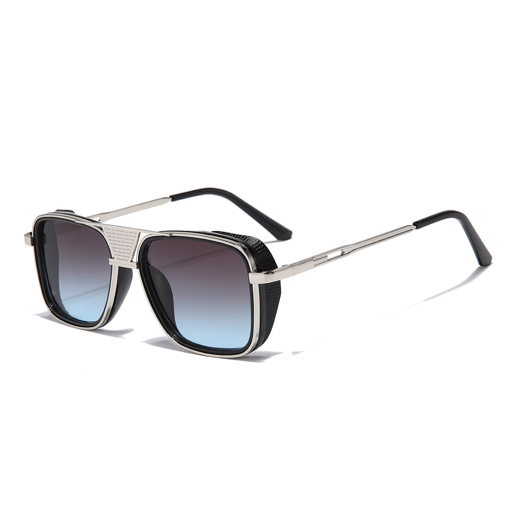 (6 PACK) Wholesale Sunglasses Vintage Metal Double Bridge Unisex Fashion Square Aviator Unique Punk 2023 - BulkSunglassesWholesale.com - Silver Frame Grey Blue Lens Gradient