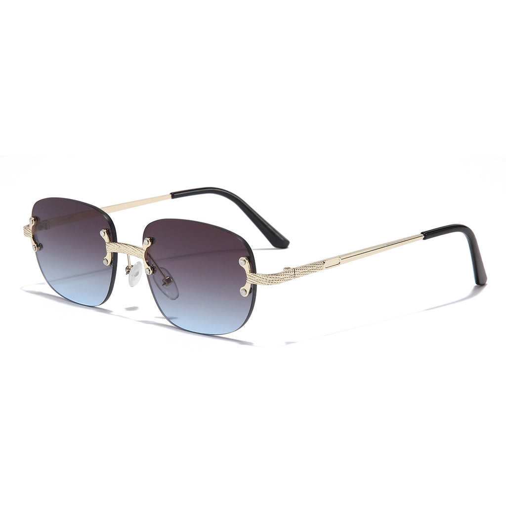 (6 PACK) Wholesale Sunglasses Vintage Small Oval Women Rimless Fashion New Arrival 2023 - BulkSunglassesWholesale.com - Gold Frame Blue Black Lens