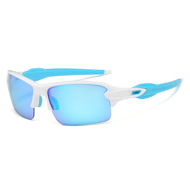 (12 PACK) Wholesale Sports Sunglasses 2023 - BulkSunglassesWholesale.com - White Blue Mirrored Hover Image
