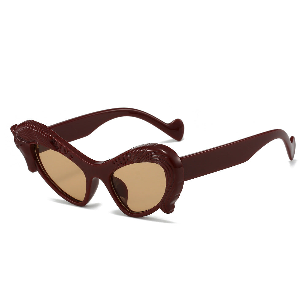 (6 PACK) Wholesale Sunglasses New Arrival Cat Eye Unique Animal Hip Hop Funny Fashion 2023 - BulkSunglassesWholesale.com - Red Frame Tea Lens