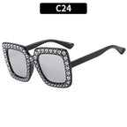 (6 PACK) Wholesale Sunglasses New Arrival Square Rhinestone Fashion Vintage Trendy 2023 - BulkSunglassesWholesale.com - Shiny Black Frame Mirrored Lens