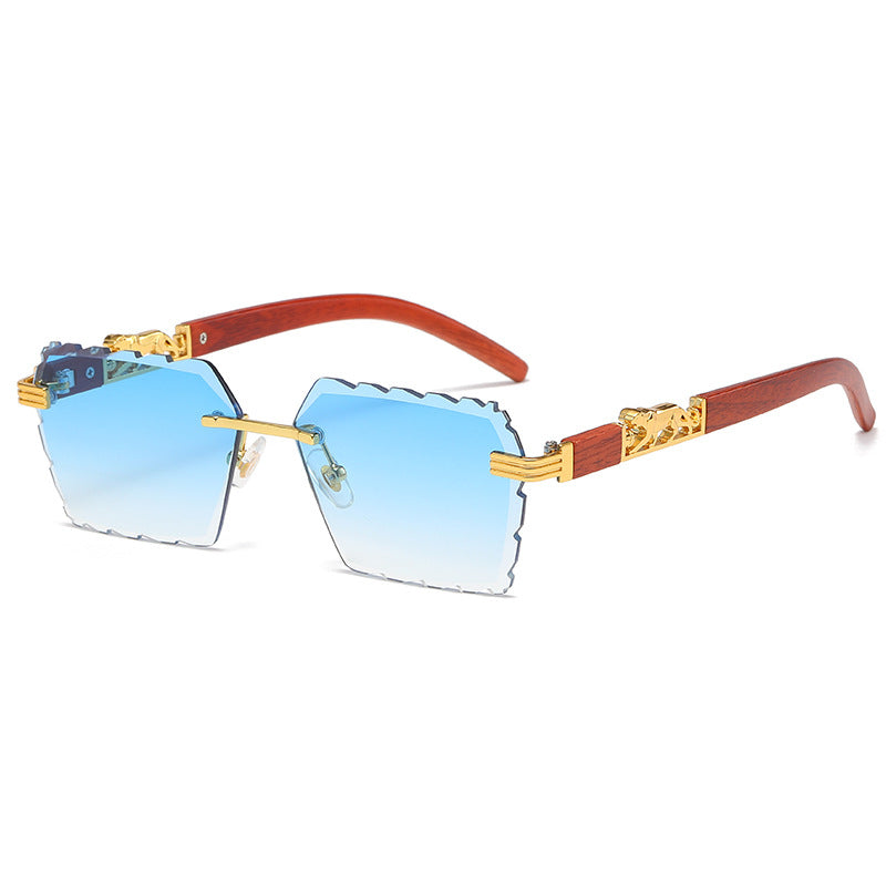(6 PACK) Wholesale Sunglasses New Arrival Cut Edge Rimless Colorful Wood Grain Leopard Head Street Trendy 2024 - BulkSunglassesWholesale.com - Gradient Blue
