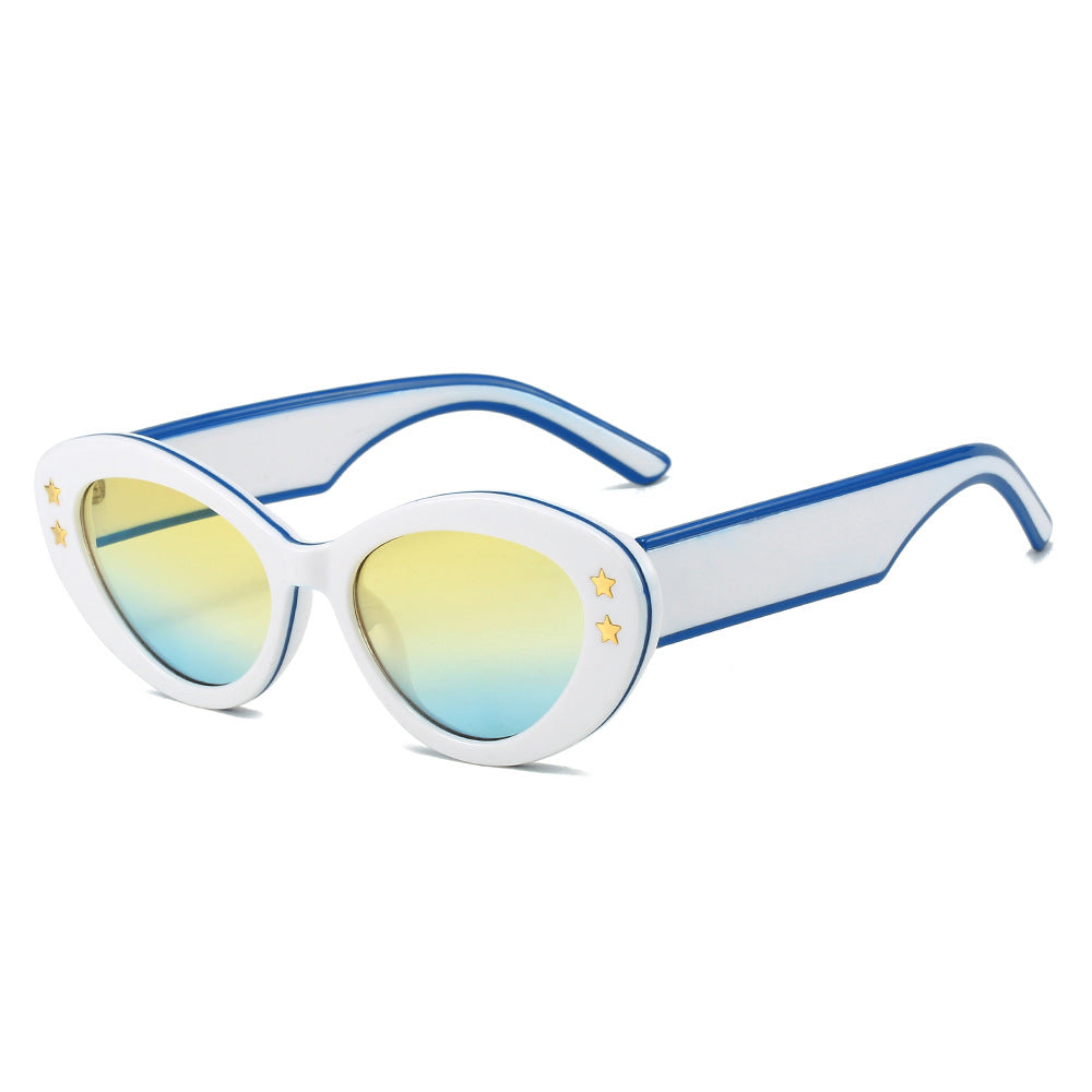 (6 PACK) Wholesale Sunglasses New Arrival Cat Eye Unique Fashion Pentagram Women 2023 - BulkSunglassesWholesale.com - White Frame Green Yellow Lens