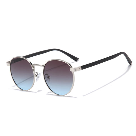 (6 PACK) Wholesale Sunglasses Vintage Round Women Metal Fashion 2023 - BulkSunglassesWholesale.com - Silver Frame Grey Blue Lens