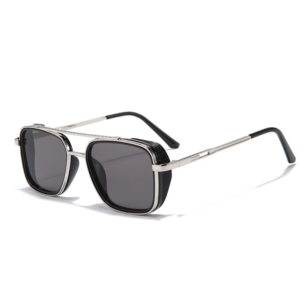 (6 PACK) Wholesale Sunglasses Vintage Metal Punk Double Bridge Aviator Women New Arrival 2023 - BulkSunglassesWholesale.com - Silver Frame Black Black Lens