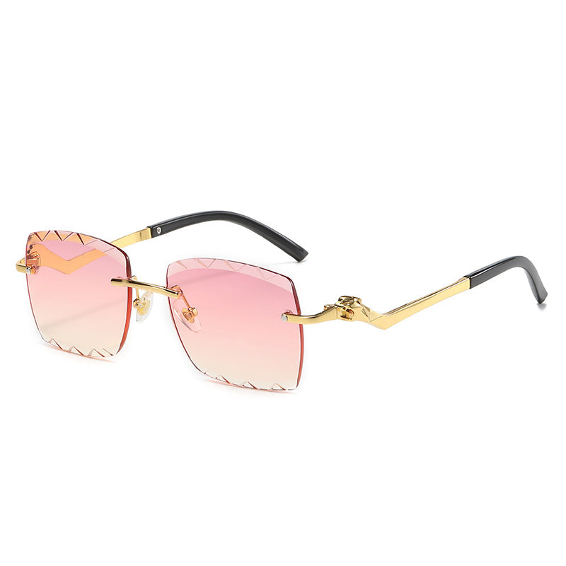(6 PACK) Wholesale Sunglasses Fashion Rimless Cut Edge Chamfer Women New Arrival Unique Leopard Head Street Trendy 2023 - BulkSunglassesWholesale.com - Gold Frame Pink Yellow