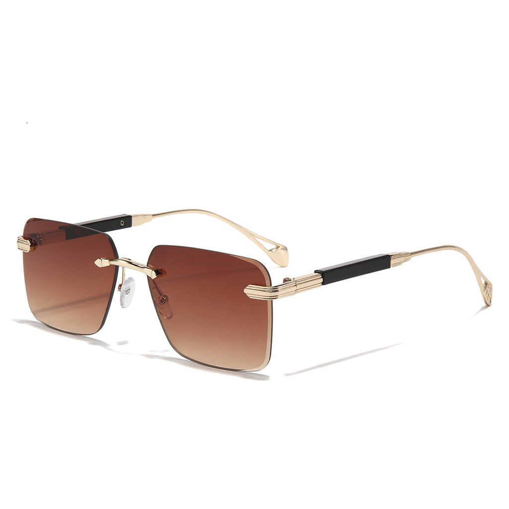 (6 PACK) Wholesale Sunglasses Metal New Arrival Small Cut Edge Rimless Women Men Fashion 2023 - BulkSunglassesWholesale.com - Gold Frame Gradient Tea Gold
