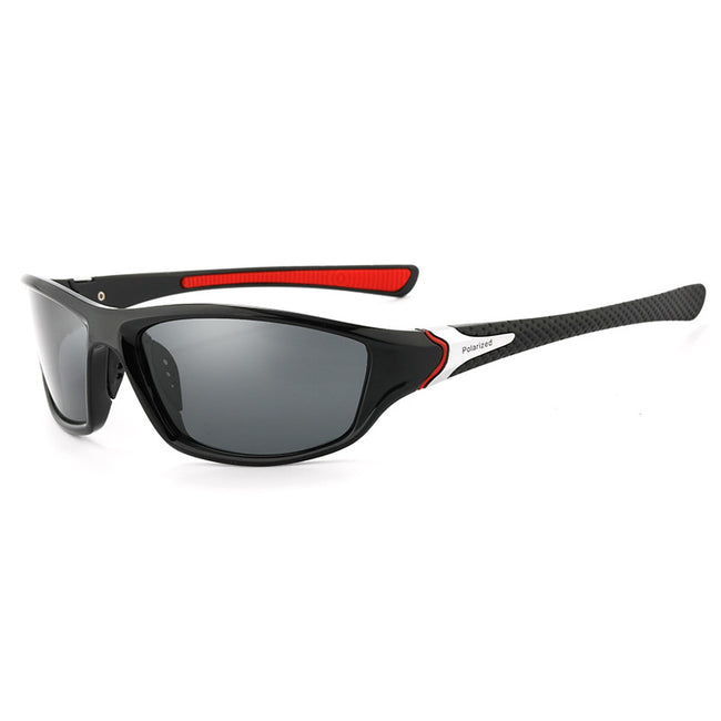 (12 PACK) Wholesale Sports Sunglasses Polarized Sport Fashion Unisex Outdoor Cycling 2024 - BulkSunglassesWholesale.com - Black Frame Black Black Lens Red Temple Hover Image