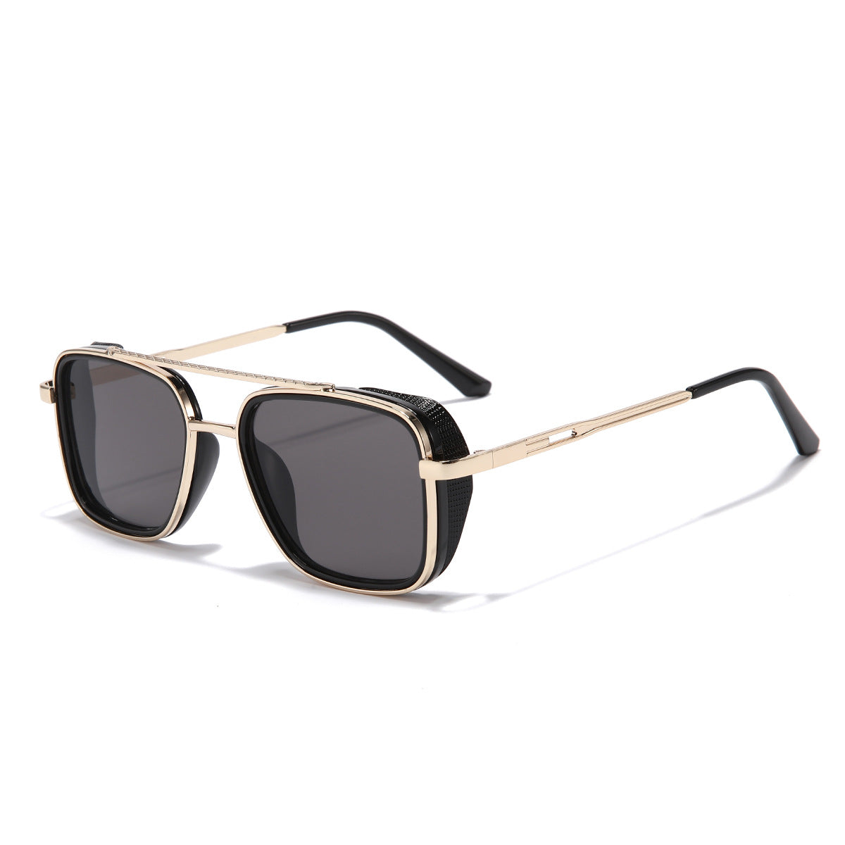 (6 PACK) Wholesale Sunglasses Vintage Metal Punk Double Bridge Aviator Women New Arrival 2023 - BulkSunglassesWholesale.com - Gold Frame Black Black Lens