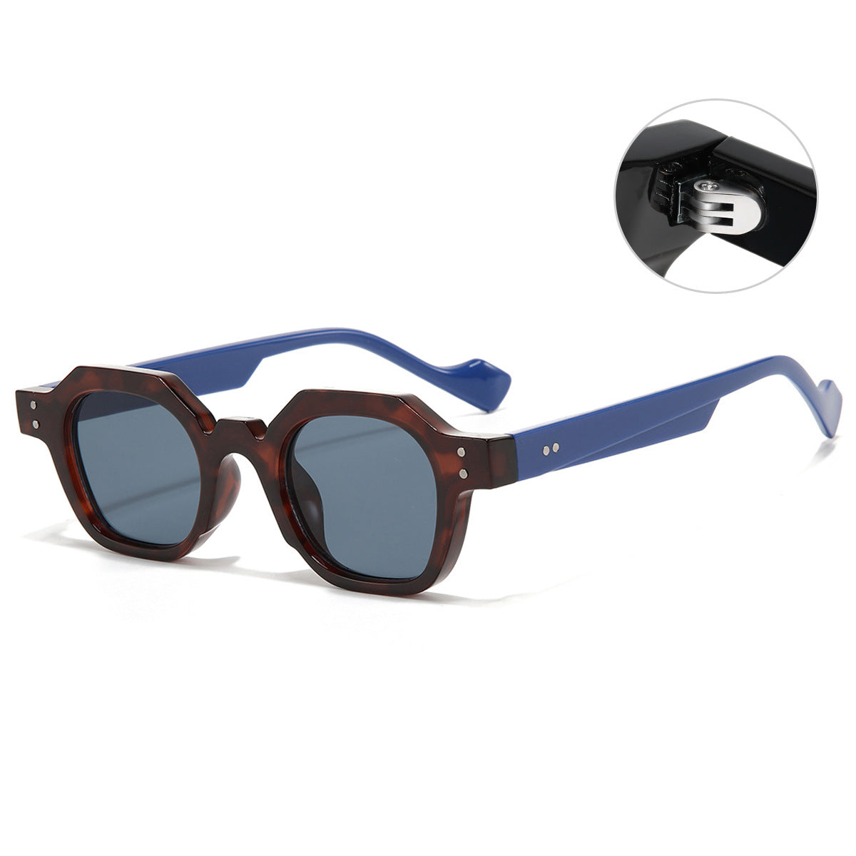 (6 PACK) Wholesale Sunglasses Polygon Women Small Men New Arrival 2023 - BulkSunglassesWholesale.com - Leopard Print Frame Blue Temple Black Grey
