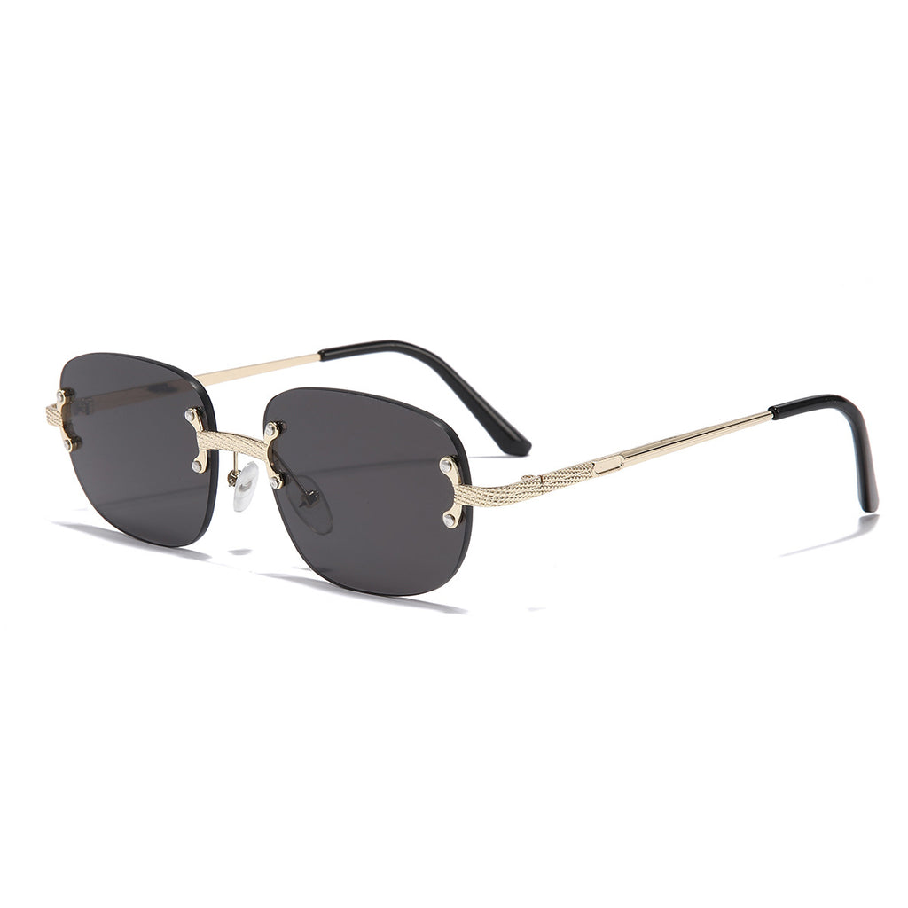 (6 PACK) Wholesale Sunglasses Vintage Small Oval Women Rimless Fashion New Arrival 2023 - BulkSunglassesWholesale.com - Gold Frame Black Black Lens