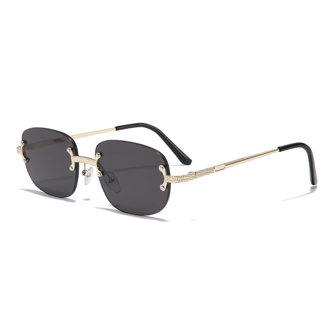 (6 PACK) Wholesale Sunglasses Vintage Small Oval Women Rimless Fashion New Arrival 2023 - BulkSunglassesWholesale.com - Gold Frame Black Black Lens Hover Image