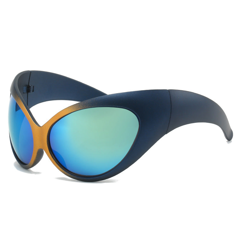 (6 PACK) Wholesale Sunglasses Unique Cat Eye Oversized Cycling Fashion Sport 2023 - BulkSunglassesWholesale.com - Gold Blue Frame Gold Mirrored