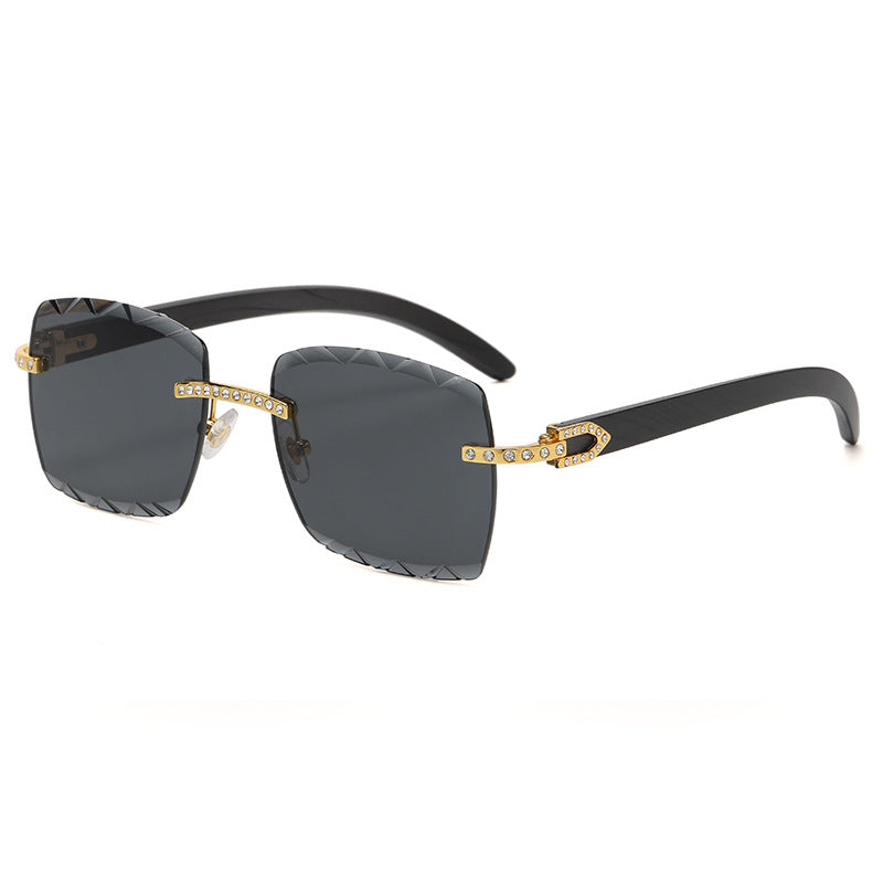 (6 PACK) Wholesale Sunglasses Rimless Cut Edge Square Rhinestone Unique Fashion Wood Grain Street Trendy 2023 - BulkSunglassesWholesale.com - Grey