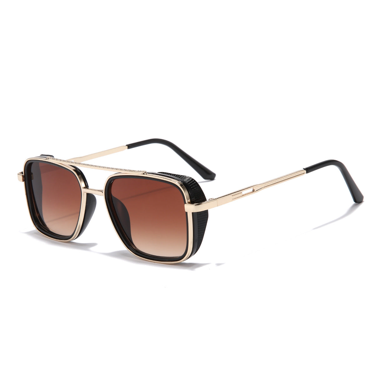 (6 PACK) Wholesale Sunglasses Vintage Metal Punk Double Bridge Aviator Women New Arrival 2023 - BulkSunglassesWholesale.com - Gold Frame Gradient Tea