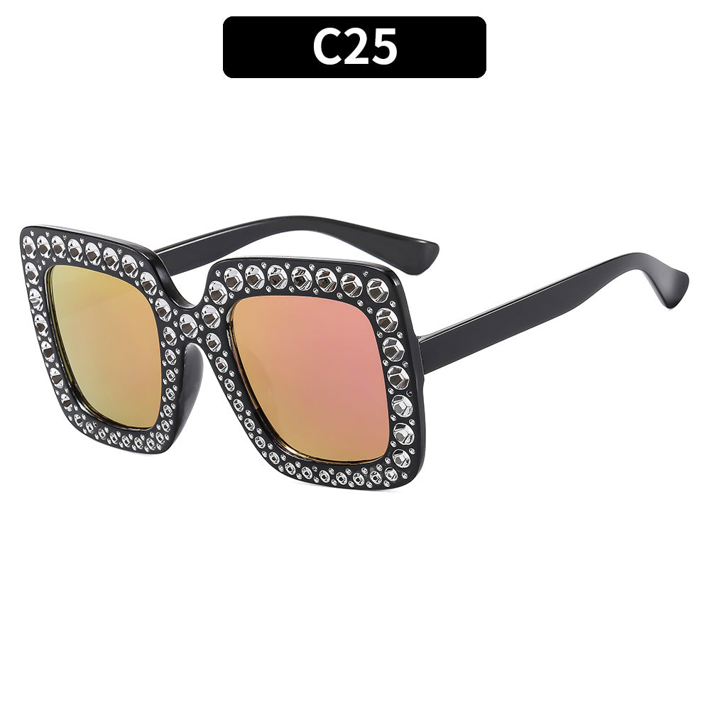 (6 PACK) Wholesale Sunglasses New Arrival Square Rhinestone Fashion Vintage Trendy 2023 - BulkSunglassesWholesale.com - Shiny Black Frame Purple Mirrored