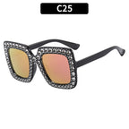 (6 PACK) Wholesale Sunglasses New Arrival Square Rhinestone Fashion Vintage Trendy 2023 - BulkSunglassesWholesale.com - Shiny Black Frame Purple Mirrored