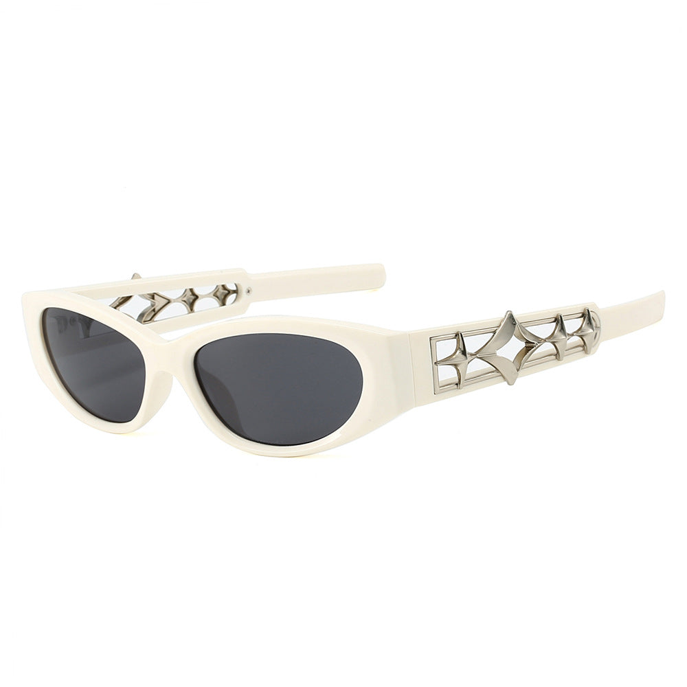(6 PACK) Wholesale Sunglasses New Arrival Ninja Star Fashion Small Cat Eye Star Fashion 2024 - BulkSunglassesWholesale.com - Beige White Frame Black Lens