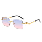(6 PACK) Wholesale Sunglasses Fashion Rimless Cut Edge Chamfer Women New Arrival Unique Leopard Head Street Trendy 2023 - BulkSunglassesWholesale.com - Gold Frame Blue Pink