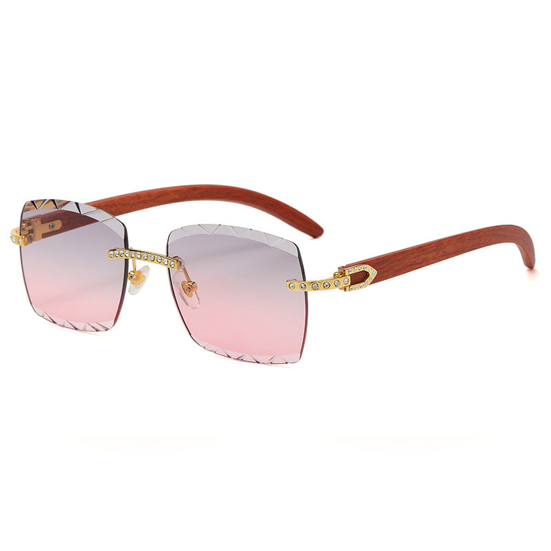 (6 PACK) Wholesale Sunglasses Rimless Cut Edge Square Rhinestone Unique Fashion Wood Grain Street Trendy 2023 - BulkSunglassesWholesale.com - Grey Pink