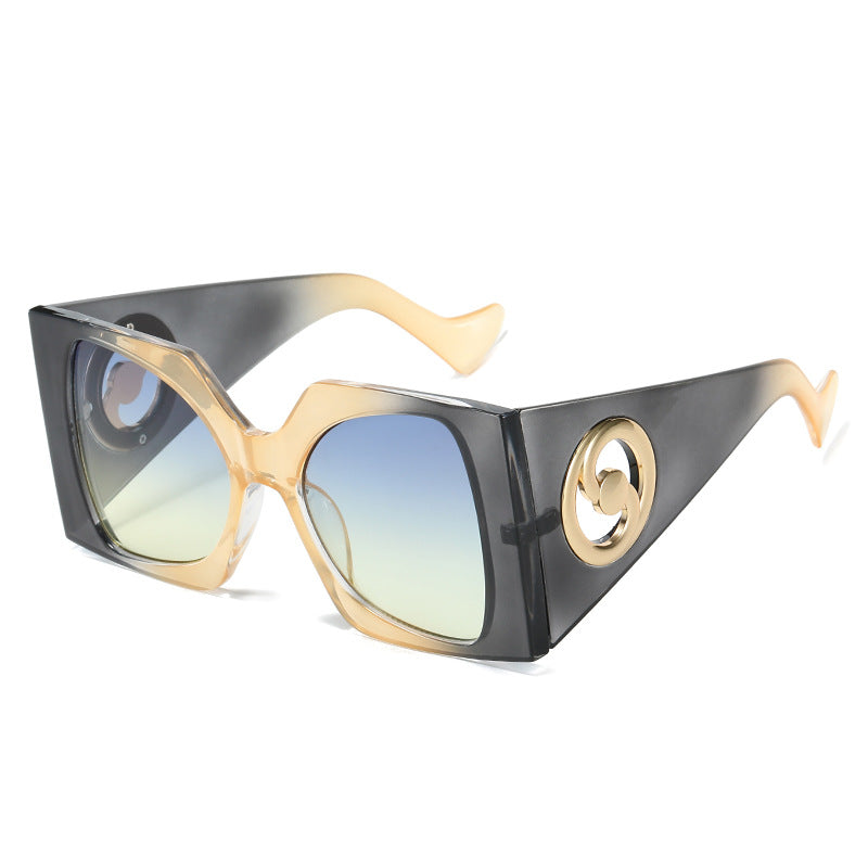 (6 PACK) Wholesale Sunglasses New Arrival Square Unique Oversized Fashion Tai Chi Creative Women 2023 - BulkSunglassesWholesale.com - Grey Tea Frame Blue Yellow Lens