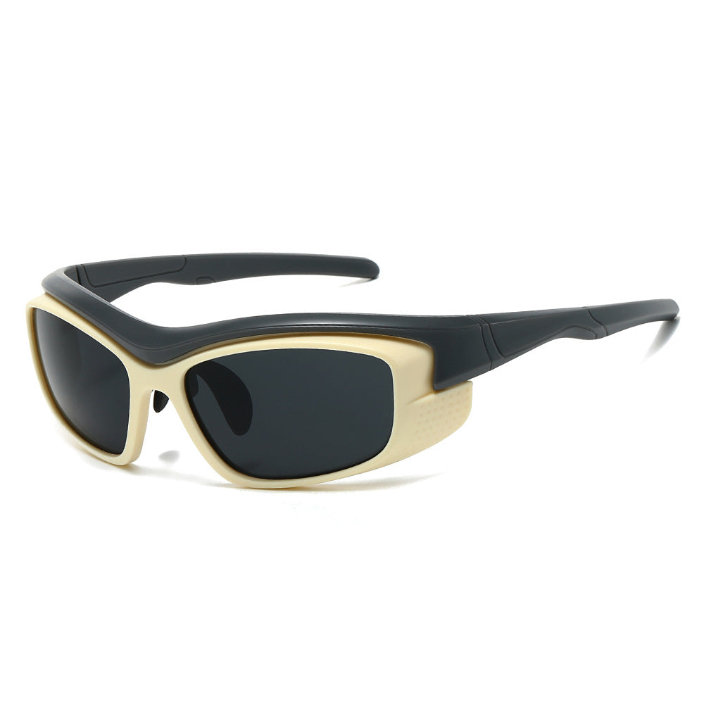 (6 PACK) Wholesale Sunglasses New Arrival Sport Women Outdoor Cycling 2023 - BulkSunglassesWholesale.com - Black Temple Beige White Frame Black Lens