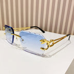 (6 PACK) Wholesale Sunglasses New Arrival Cut Edge Square Rimless Fashion Trendy Women 2024 - BulkSunglassesWholesale.com - Gold Frame Gradient Blue Lens