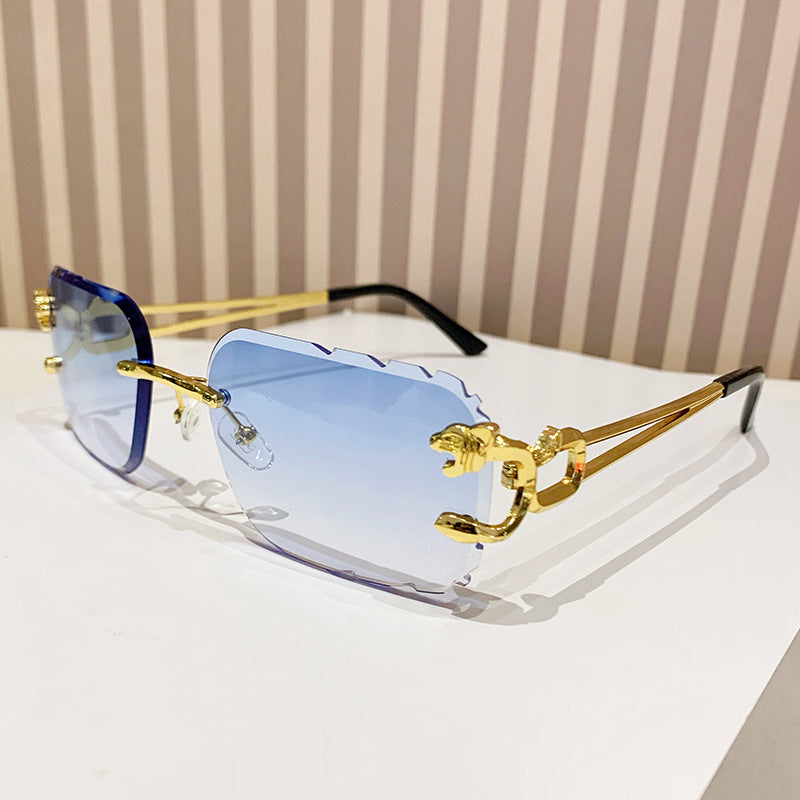 (6 PACK) Wholesale Sunglasses New Arrival Cut Edge Square Rimless Fashion Trendy Women 2024 - BulkSunglassesWholesale.com - Gold Frame Gradient Blue Lens