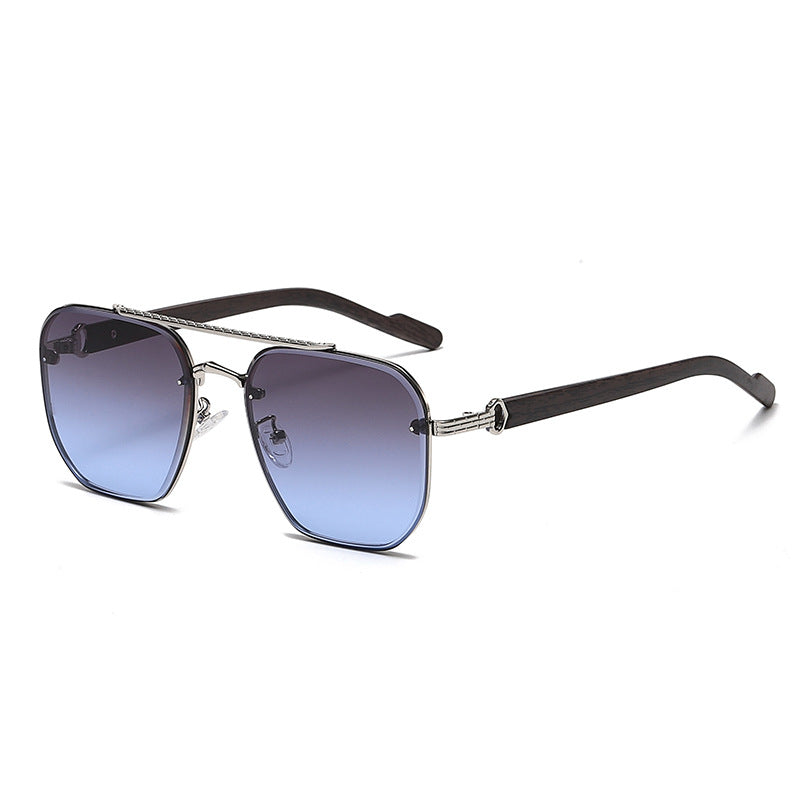 (6 PACK) Wholesale Sunglasses New Arrival Wood Grain Double Bridge Cut Edge Unisex Trendy 2023 - BulkSunglassesWholesale.com - Silver Frame Grey Blue