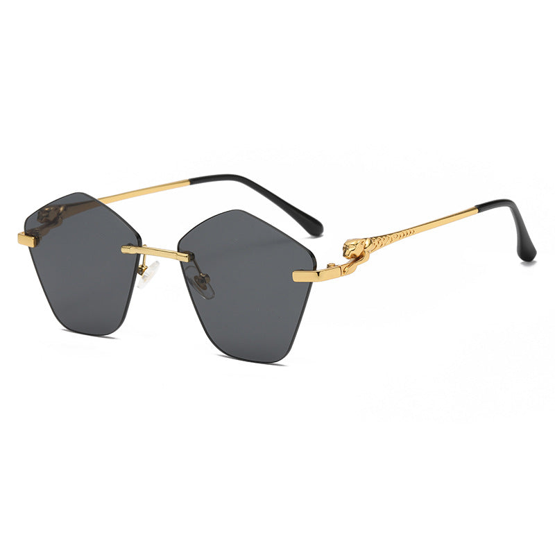 (6 PACK) Wholesale Sunglasses New Arrival Leopard Head Metal Polygon Colorful Women Trendy 2024 - BulkSunglassesWholesale.com - Gold Frame Black Grey