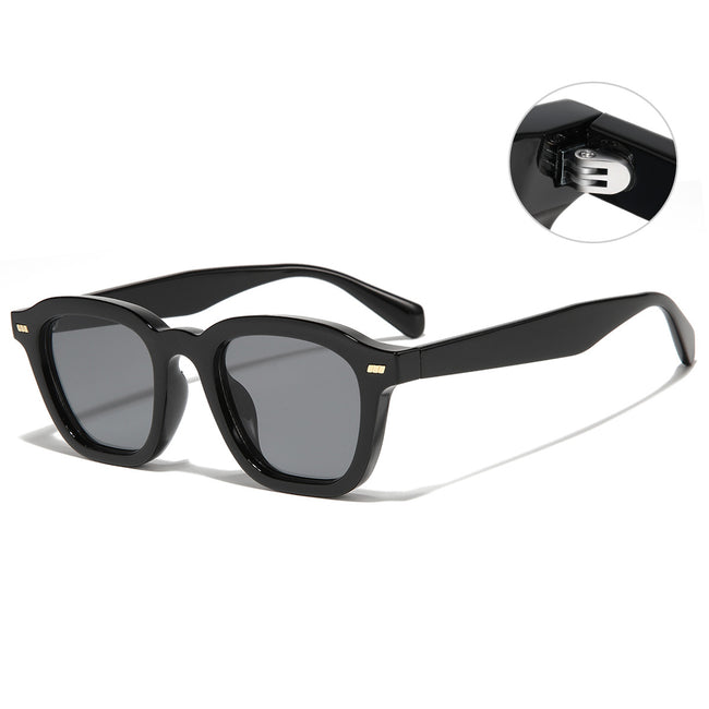 (6 PACK) Wholesale Sunglasses New Arrival Men Women Vintage Rivet Square 2023 - BulkSunglassesWholesale.com - Shiny Black Frame Black Grey Hover Image