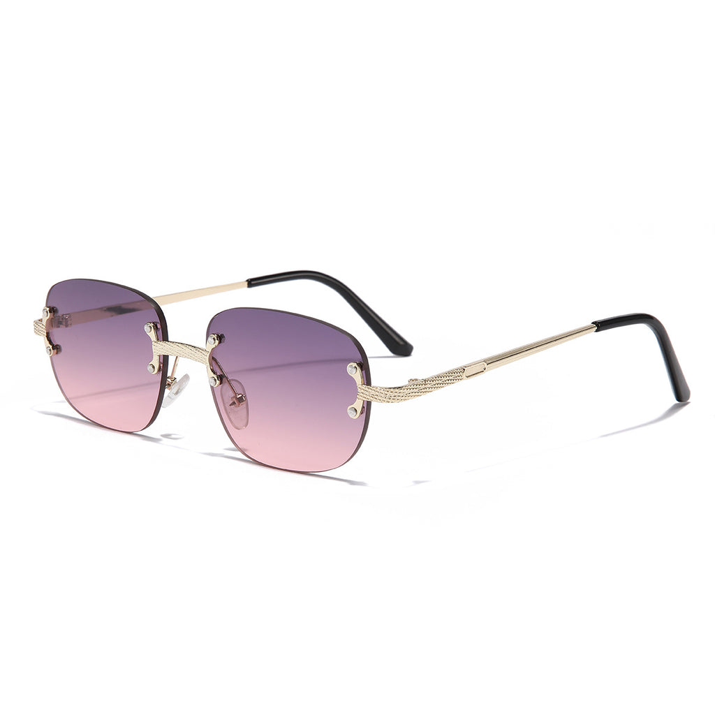 (6 PACK) Wholesale Sunglasses Vintage Small Oval Women Rimless Fashion New Arrival 2023 - BulkSunglassesWholesale.com - Gold Frame Purple Pink Lens