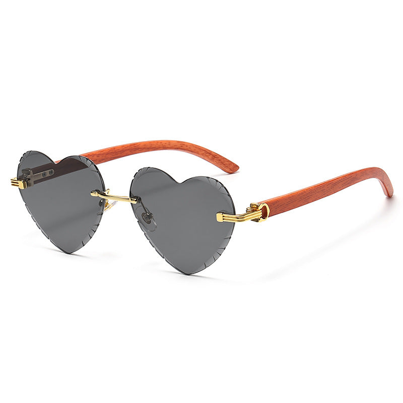 (6 PACK) Wholesale Sunglasses Trendy Rimless Cut Edge New Arrival Heart Colorful 2024 - BulkSunglassesWholesale.com - Gold Frame Black Grey