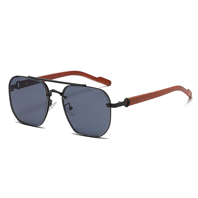 (6 PACK) Wholesale Sunglasses New Arrival Wood Grain Double Bridge Cut Edge Unisex Trendy 2023 - BulkSunglassesWholesale.com - Black Frame Black Lens Hover Image