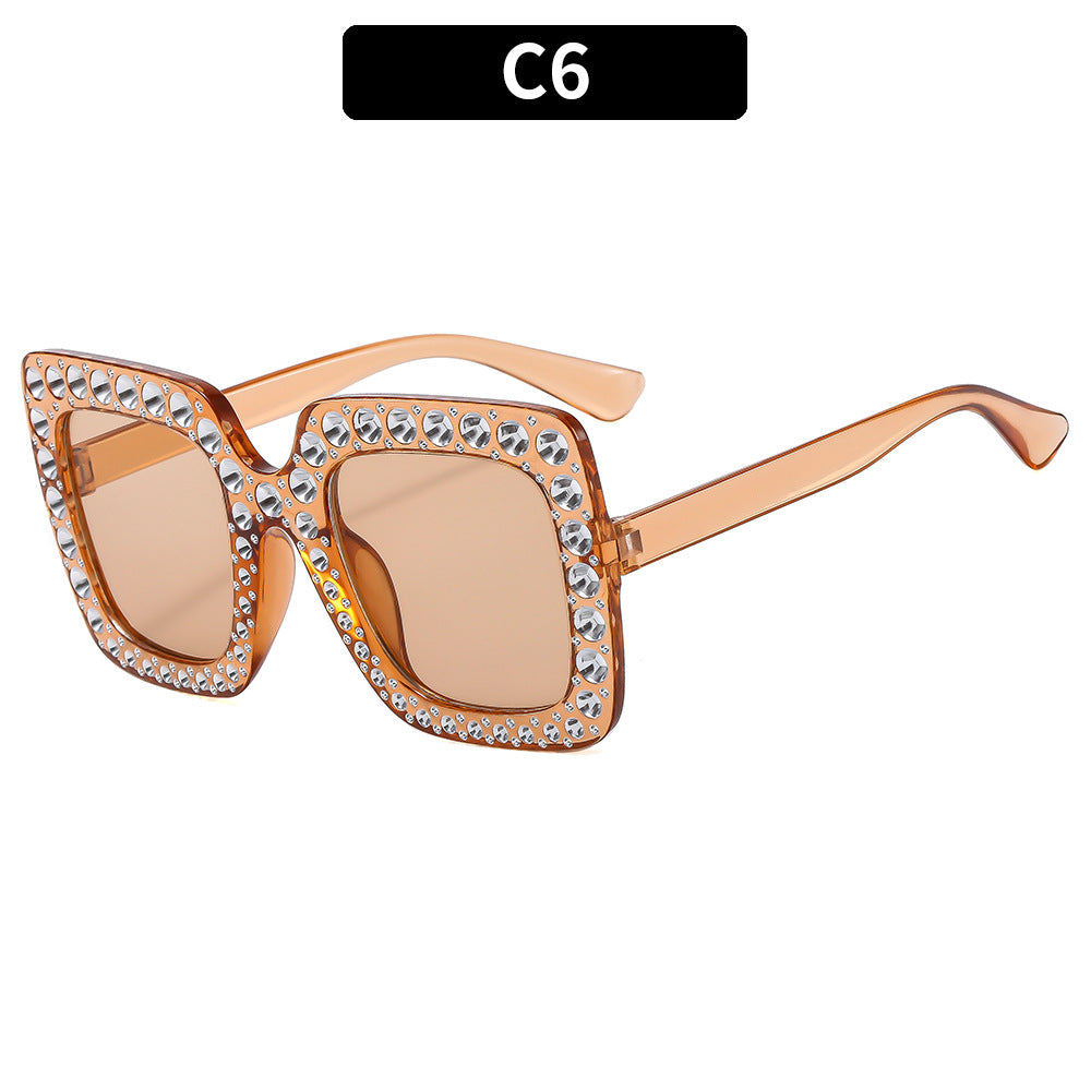 (6 PACK) Wholesale Sunglasses New Arrival Square Rhinestone Fashion Vintage Trendy 2023 - BulkSunglassesWholesale.com - Clear Tea Frame Tea Lens