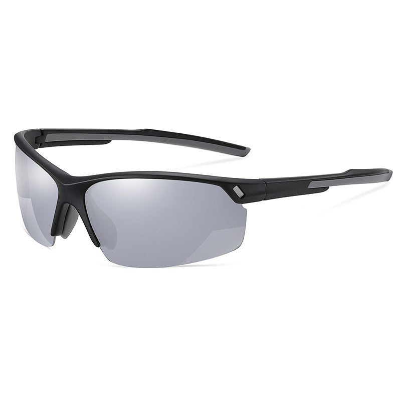 (6 PACK) Wholesale Sports Sunglasses 2023 - BulkSunglassesWholesale.com - Black Frame Grey Temple Mirrored