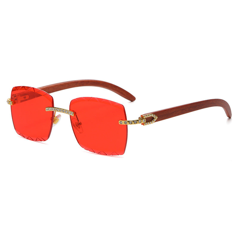 (6 PACK) Wholesale Sunglasses Rimless Cut Edge Square Rhinestone Unique Fashion Wood Grain Street Trendy 2023 - BulkSunglassesWholesale.com - Red Lens