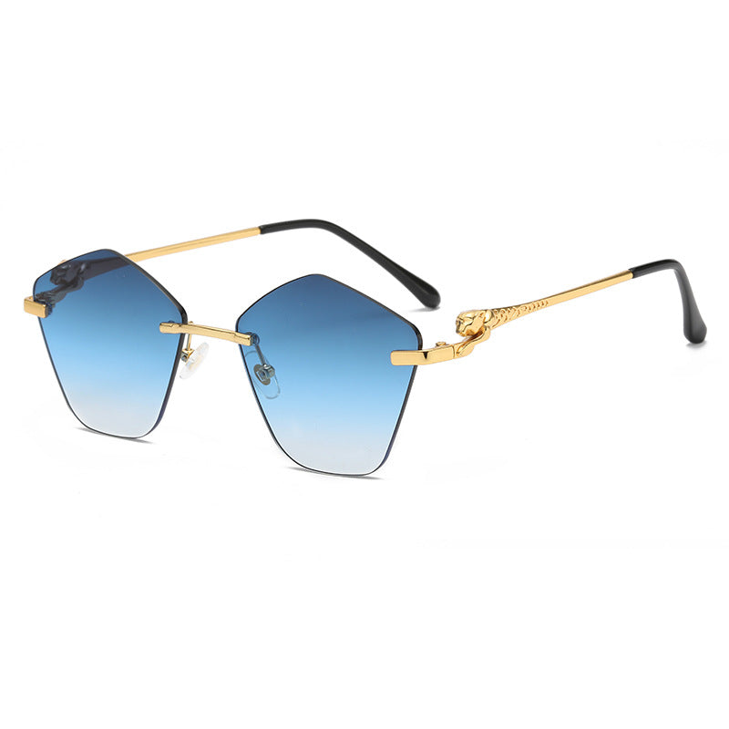 (6 PACK) Wholesale Sunglasses New Arrival Leopard Head Metal Polygon Colorful Women Trendy 2024 - BulkSunglassesWholesale.com - Gold Frame Gradient Blue
