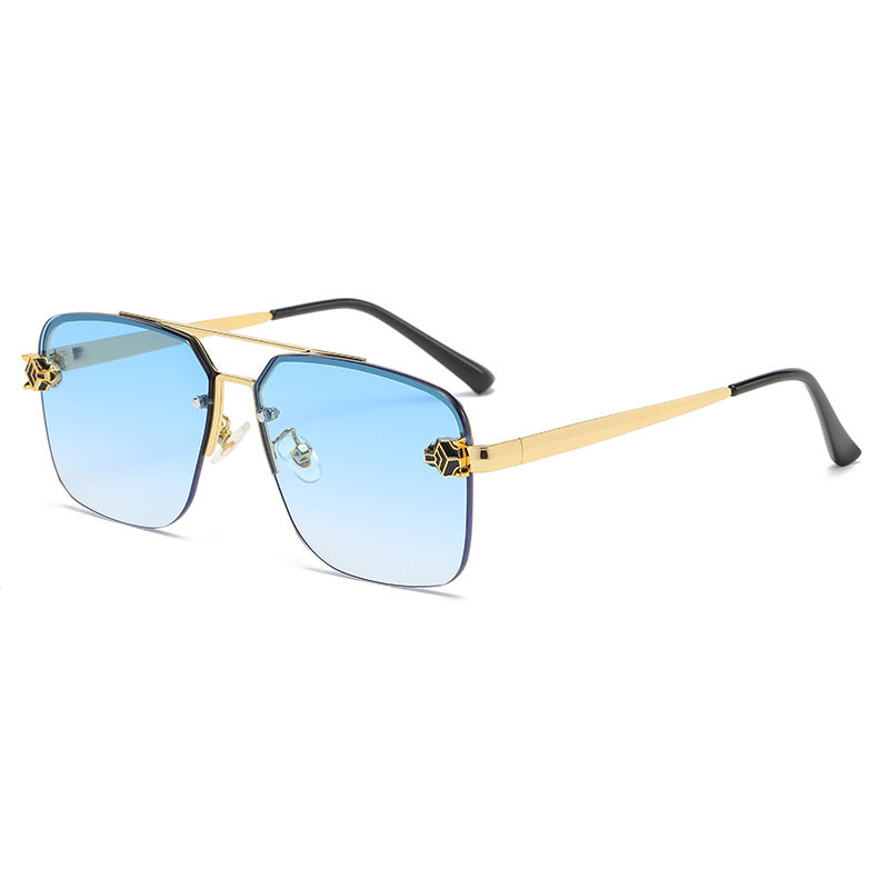 (6 PACK) Wholesale Sunglasses New Arrival Square Double Bridge Fashion Unisex Vintage Leopard Head Metal 2023 - BulkSunglassesWholesale.com - Gold Frame Gradient Blue