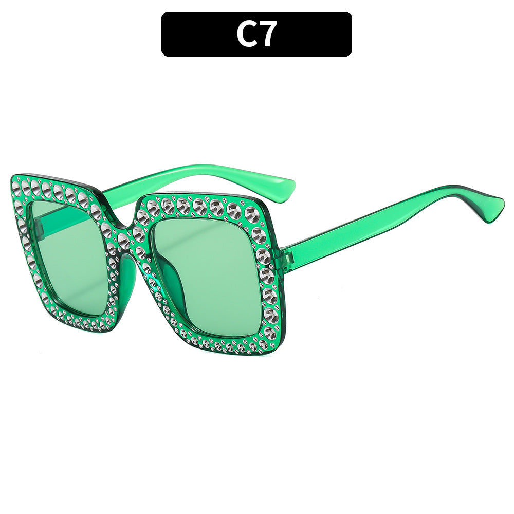 (6 PACK) Wholesale Sunglasses New Arrival Square Rhinestone Fashion Vintage Trendy 2023 - BulkSunglassesWholesale.com - Clear Green Frame Green Lens