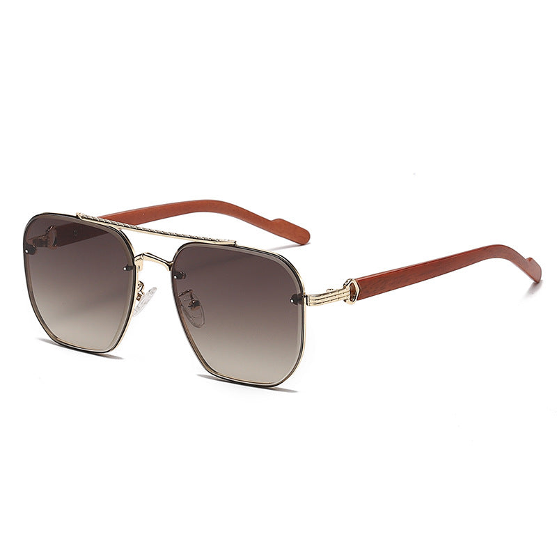 (6 PACK) Wholesale Sunglasses New Arrival Wood Grain Double Bridge Cut Edge Unisex Trendy 2023 - BulkSunglassesWholesale.com - Gold Frame Gradient Tea