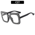 (6 PACK) Wholesale Sunglasses New Arrival Square Rhinestone Fashion Vintage Trendy 2023 - BulkSunglassesWholesale.com - Shiny Black Frame Clear Lens