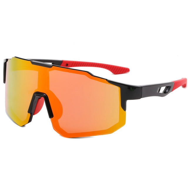 (12 PACK) Wholesale Sports Sunglasses Outdoor Sport Trendy Polarized Unisex New Arrival Cycling 2024 - BulkSunglassesWholesale.com - Black Frame Red Mirrored Hover Image