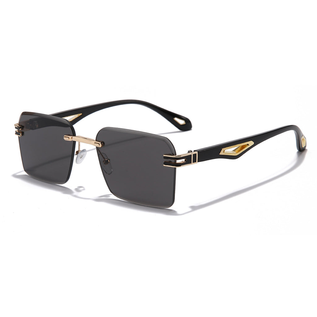 (6 PACK) Wholesale Sunglasses Rimless Fashion Cut Edge Square Women Hollow 2023 - BulkSunglassesWholesale.com - Gold Frame Black Black Lens Frame