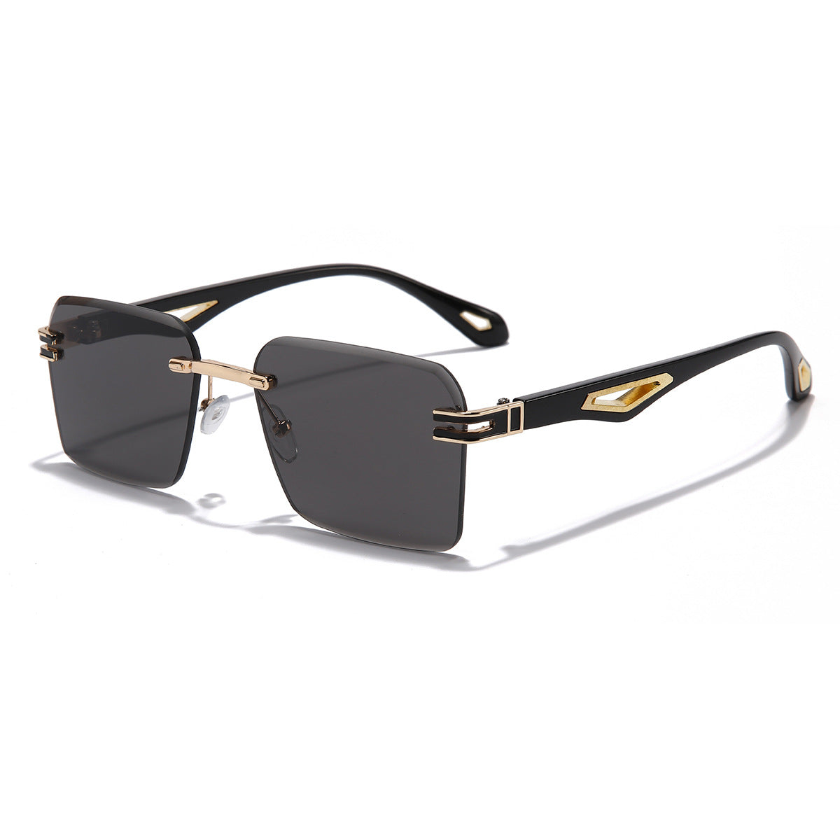 (6 PACK) Wholesale Sunglasses Rimless Fashion Cut Edge Square Women Hollow 2023 - BulkSunglassesWholesale.com - Gold Frame Black Black Lens Frame